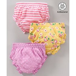 Babyhug 100% Cotton Antibacterial Bloomers Striped And Floral Print Pack of 3 - Pink Yellow Purple