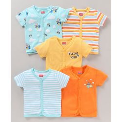 Babyhug 100% Cotton Half Sleeves Bear Printed & Striped Vests Pack Of 5 - Multicolour