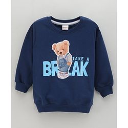 Babyhug Full Sleeves Knit Sweatshirt With Bear Applique & Text Print- Blue
