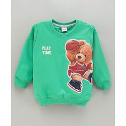 Babyhug Full Sleeves Cotton Knit Sweatshirt With Teddy Bear Applique - Green