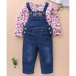 Babyhug Denim Floral Embroidery Dungaree with Cotton Full Sleeves Floral Print Top -