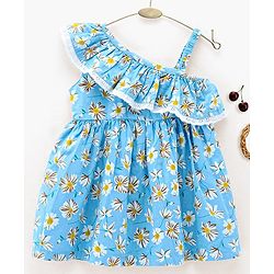 Babyhug 100% Cotton One Shoulder Frock Floral Print - Blue