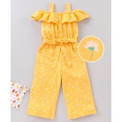 Babyhug 100% Cotton Cold Shoulder Jumpsuit Flower Print - Yellow