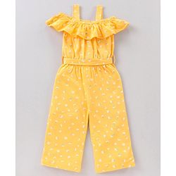 Babyhug 100% Cotton Cold Shoulder Jumpsuit Flower Print - Yellow