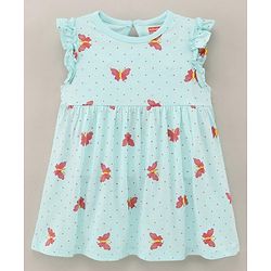 Babyhug 100% Cotton Short Sleeves Butterfly Printed Frock With Bloomer - Mint