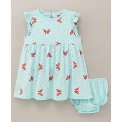Babyhug 100% Cotton Short Sleeves Butterfly Printed Frock With Bloomer - Mint