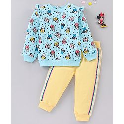 Babyhug Cotton Knit Full Sleeves T-Shirt & Lounge Pant Set All Over Minnie Mouse Print - Blue Yellow