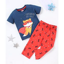 Babyhug 100% Cotton Knit Half Sleeves Night Suit Fox Print - Navy Blue & Red