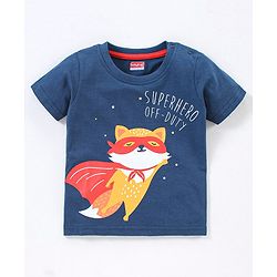 Babyhug 100% Cotton Knit Half Sleeves Night Suit Fox Print - Navy Blue & Red