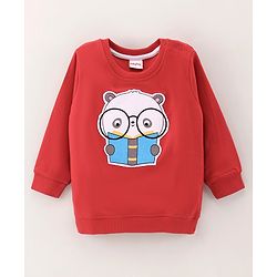 Babyhug Full Sleeves Cotton Knit Sweatshirt With Cartoon Print Applique - Red