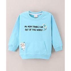 Babyhug Full Sleeves Knit Sweatshirt WIth Kangaroo Pocket & Text Print - Blue