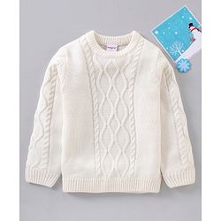 Babyhug Full Sleeves Cable Knit Solid Sweater  - White