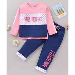 Babyhug Full Sleeves Top & Lounge Pant Miss Perfect Print - Pink Blue