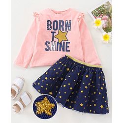 Babyhug Cotton Knit Full Sleeves Top & Skirt Set All Over Text & Star Print - Pink Navy