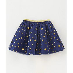 Babyhug Cotton Knit Full Sleeves Top & Skirt Set All Over Text & Star Print - Pink Navy