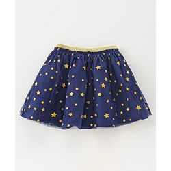 Babyhug Cotton Knit Full Sleeves Top & Skirt Set All Over Text & Star Print - Pink Navy