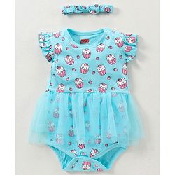 Babyhug Cotton Knit Short Sleeves Ice Cream Printed Onesies With Hairband - Blue