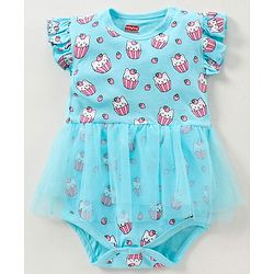 Babyhug Cotton Knit Short Sleeves Ice Cream Printed Onesies With Hairband - Blue