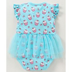 Babyhug Cotton Knit Short Sleeves Ice Cream Printed Onesies With Hairband - Blue