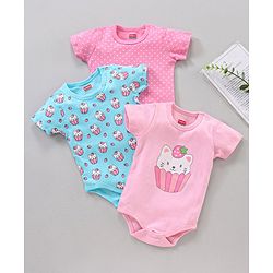 Babyhug 100% Cotton Half Sleeves Onesie Multi Print Pack of 3 - Multicolour