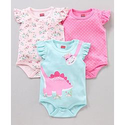 Babyhug 100% Cotton Frill Sleeves Onesie Multi Print Pack of 3 - Multicolour