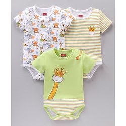 Babyhug 100% Cotton Half Sleeves Striped and Animal Printed Onesies Pack of 3 - Multicolour