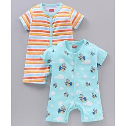Babyhug 100% Cotton Half Sleeves Striped Rompers Pack Of 2 - Multicolor