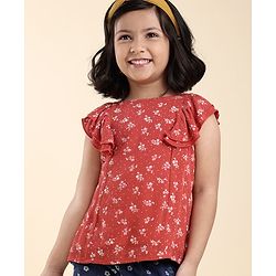 Babyhug Frill Sleeves Rayon Crinkle-Crepe Top With Floral Print And Ruffle Detailing- Deep Coral
