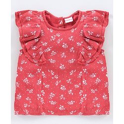 Babyhug Frill Sleeves Rayon Crinkle-Crepe Top With Floral Print And Ruffle Detailing- Deep Coral