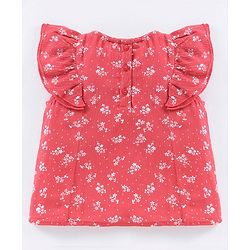 Babyhug Frill Sleeves Rayon Crinkle-Crepe Top With Floral Print And Ruffle Detailing- Deep Coral