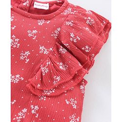 Babyhug Frill Sleeves Rayon Crinkle-Crepe Top With Floral Print And Ruffle Detailing- Deep Coral