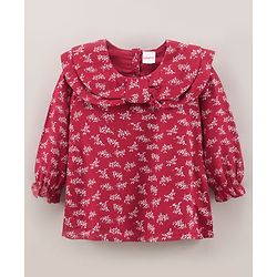 Babyhug Full Sleeves Printed Rayon Top With Frill Detailing- Red