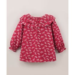Babyhug Full Sleeves Printed Rayon Top With Frill Detailing- Red
