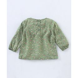Babyhug Full Sleeves Floral Printed Rayon Top With  Pleated Yoke  And Ladder Lace Detailing- Olive Green