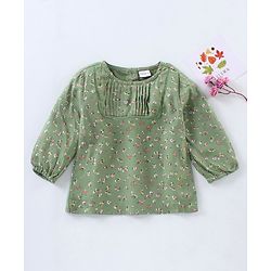Babyhug Full Sleeves Floral Printed Rayon Top With  Pleated Yoke  And Ladder Lace Detailing- Olive Green