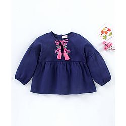 Babyhug Full Sleeves Rayon Crinkle-Crepe Top With Draw-String And Floral Embroidery- Navy Blue