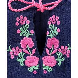 Babyhug Full Sleeves Rayon Crinkle-Crepe Top With Draw-String And Floral Embroidery- Navy Blue