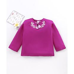 Babyhug Full Sleeves Solid Rayon Top With Draw-String And Embroidery Detailing- Purple