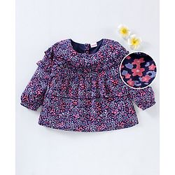 Babyhug Full Sleeves Rayon Top With Floral Print And Frill Detailing- Navy Blue