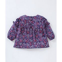 Babyhug Full Sleeves Rayon Top With Floral Print And Frill Detailing- Navy Blue