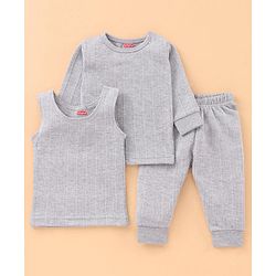 Babyhug Full Sleeves Pullover Vest & Pant Thermal Wear - Light Grey