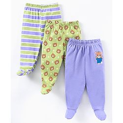 Babyhug Cotton Knit Footed Length Striped Bootie Leggings Teddy Bear Print Pack of 3 - Purple Green