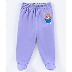 Babyhug Cotton Knit Footed Length Striped Bootie Leggings Teddy Bear Print Pack of 3 - Purple Green