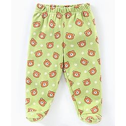 Babyhug Cotton Knit Footed Length Striped Bootie Leggings Teddy Bear Print Pack of 3 - Purple Green