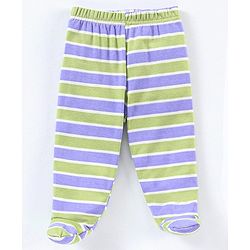 Babyhug Cotton Knit Footed Length Striped Bootie Leggings Teddy Bear Print Pack of 3 - Purple Green