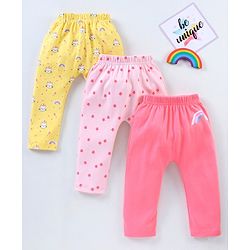 Babyhug Full Length Diaper Leggings Star & Kitty Print Pack of 3  - Yellow Light & Dark Pink