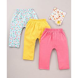 Babyhug Cotton Knit Full Length  Diaper Leggings Solid and Floral Printed Pack of 3 - Pink Yellow White