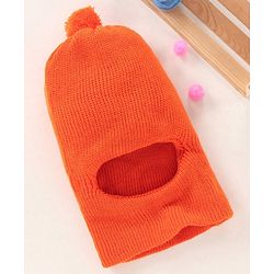 Babyhug Woollen Monkey Cap With Pom Pom Solid Orange- 10.5 cm