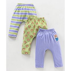 Babyhug Full Length Cotton Diaper Leggings Striped and Bear Print Pack of 3 - Multicolour