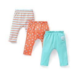 Babyhug Cotton Full Length Striped & Stars Printed Diaper Pants Pack of 3 - Red Blue & Grey